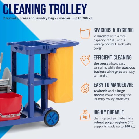 Wózek do mycia podłóg 2 wiadra wyżymaczka worek na pranie 3 półki 18 l