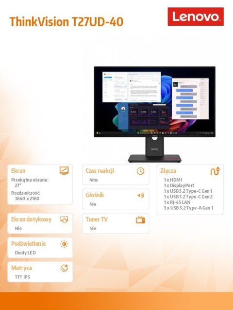 Monitor 27 cali ThinkVision T27UD-40 Lenovo