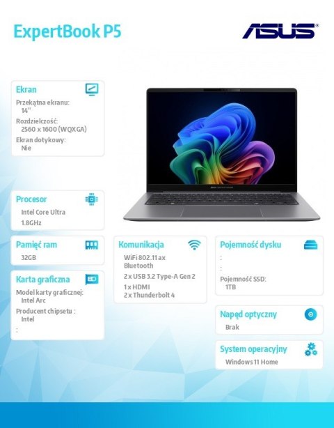 Notebook ExpertBook P5 P5405CSA-NZ0417W Ultra 7 258V 32GB/1TB Win 11Home/3YRS Copilot+PC