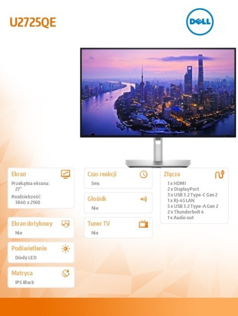 Monitor U2725QE 27 cali IPS Black LED 4K(3840x2160) 16:9 Thunderbolt HDMI DP USB-C USB RJ-45 3Y