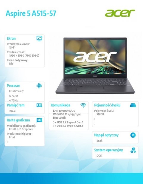 Laptop Aspire 5 A515-57 i7-12650H 15.6 FHD IPS 16GB 512GB  Stalowy Szary NoOS