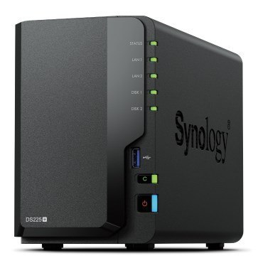 NAS Synology DS225+; Tower; 2x (3.5" SATA HDD/SSD), Intel Celeron J4125; 2GB DDR4 (max. 6GB), 2x 1GbE RJ-45