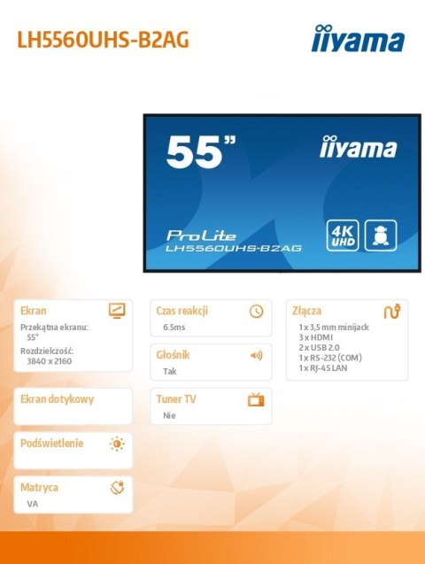 Monitor wielkoformatowy 55 cali LH5560UHS-B1AG matowy 24h/7 500(cd/m2) VA 3840 x 2160 UHD(4K) Android.11 Wifi CMS(iiSignage2), U