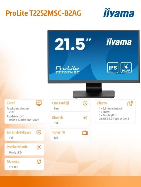 Monitor 22 cale T2252MSC-B2AG 10 PKT. POJ IPS HDMI DP 2x1W 7H 2xUSB  AG-(Anti Glare)