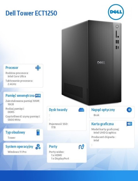 Komputer Dell Tower ECT1250 Win11Pro U7 265 16GB 1TB SSD UHD WLAN + BT Wireless Kb & Mouse 3YPS