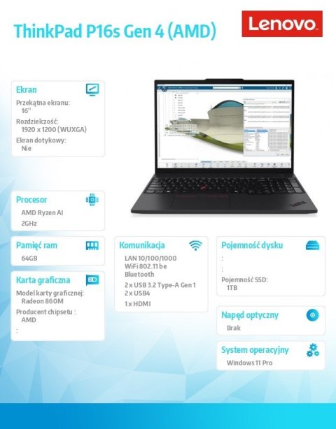 Mobilna stacja robocza ThinkPad P16s G4 21QR003CPB AI 7 PRO 350 64GB 1TB 16.0 WQUXGA Black 3YRS Premier Support + CO2 Offset