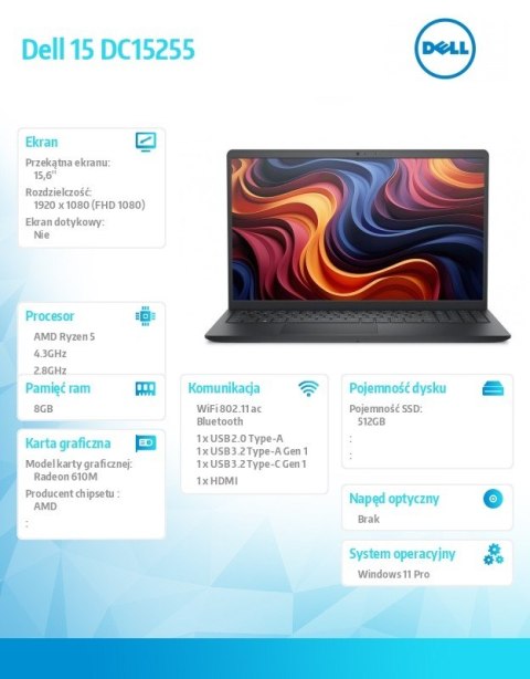 Laptop Dell 15 DC15255 W11P R5-7520U 8GB 512GB SSD AMD Radeon 610M WLAN + BT 15.6 FHD Backlit Kb 3 Cell 65W 3YPS Carbon Black (P