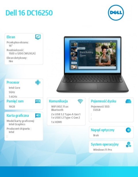 Laptop Dell 16 DC16250 W11P C5 120U 16GB 512GB 16 0 FHD+ Int FgrPr WLAN + BT Backlit Kb 3 Cell 3YPS Carbon Black