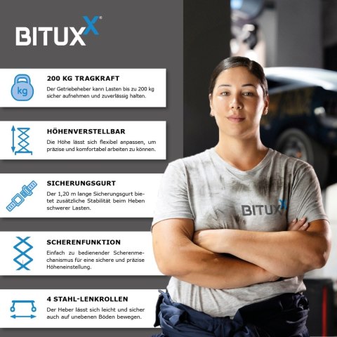 Hydrauliczny podnośnik skrzyni biegów Bituxx do warsztatu garażu demontaż i montaz skrzyni biegów