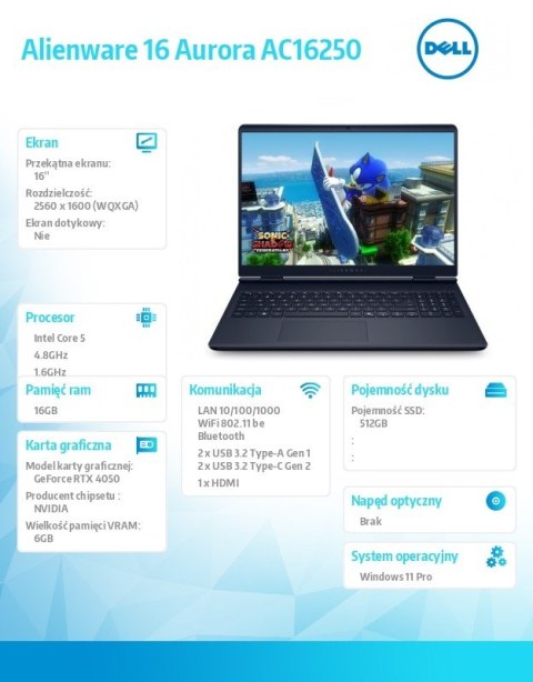 Notebook Alienware 16 Aurora AC16250 Win 11 Pro C5 210H 16GB 512GB SSD 16 0 WQXGA GeForce RTX 4050 WLAN + BT Backlit Kb 3 Cell 3