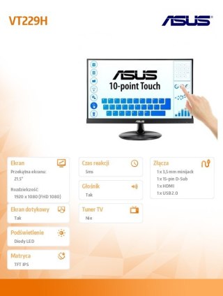 Monitor 21 5 cala VT229H FHD IPS Dotyk 10P HDMI D-SUB USB Głośnik