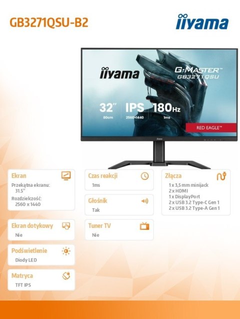 Monitor 31.5 cala GB3271QSU-B2 1ms,IPS,180Hz,2x HDMI,DP,400cd,FreeSync QHD,2x USB(3.2),2x USB-C,2x 4.5W,HAS-150mm