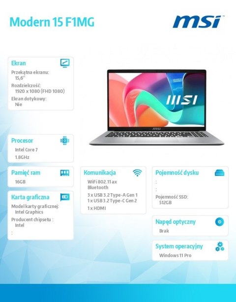 Notebook Modern 15 F1MG-663PL WIN11PRO IC7-150U 16GB 512SSD Int 15.6'' 3Y