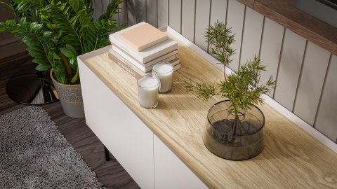 Szafka RTV FELLINI 150x40x52 kaszmir + blat dąb olejowany