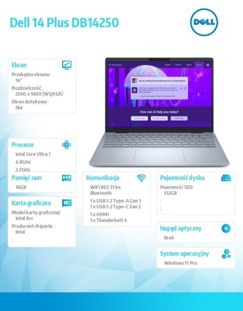 Laptop Dell 14 Plus DB14250 Win11Pro Ultra 7 256V 16GB 512GB SSD 14 0 2 5K Arc FgrPr WLAN + BT Backlit Kb 4 Cell