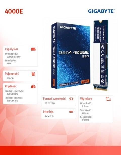 Dysk SSD NVMe 1 4 Gen4 250GB M 2 2280 3500 1800MB s