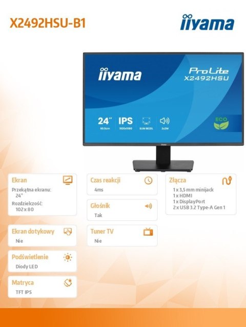 Monitor 24 cale X2492HSU-B1 IPS FHD HDMI DP 120Hz 300cd 4ms USB HUBx2cienkie ramki  1500:1  ErP B