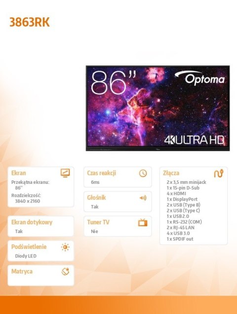Monitor interaktywny 86 cali IFPD 3863RK H1F0H08BW101 OPTOMA