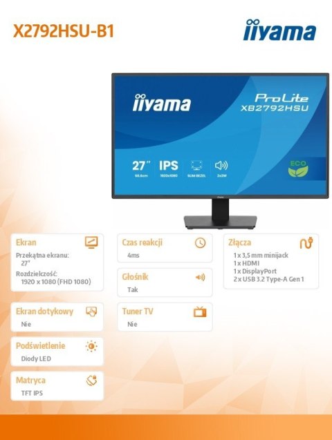 Monitor 27 cali X2792HSU-B1 IPS FHD HDMI DP 120Hz 350cd 4ms  cienkie ramki  1500:1  ErP B  USB HUBx2