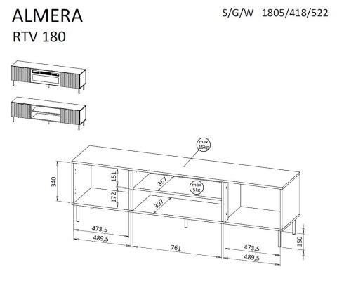 Szafka RTV ALMERA 180,5x42x52,5 orzech/kaszmir + kominek czarny