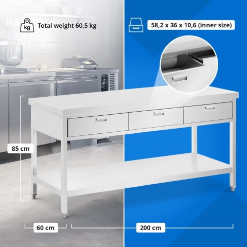 Stół blat roboczy gastronomiczny 3 szuflady półka STAL 200 x 60 cm