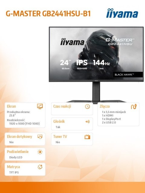 Monitor 23 8 cala GB2441HSU-B1 IPS FHD 144Hz 1ms 2xUSB 350cd HDMI DP HAS (150) PIVOT