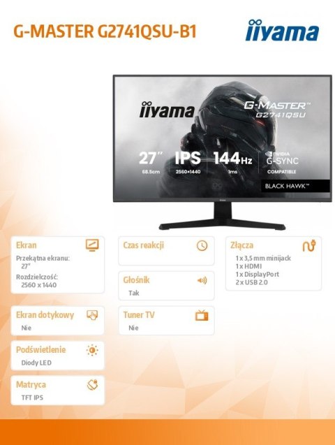 Monitor 27 cali G2741QSU-B1 IPS,QHD,144Hz,1ms,2xUSB Adaptive G-SYNC,HDMI,DP,350cd,
