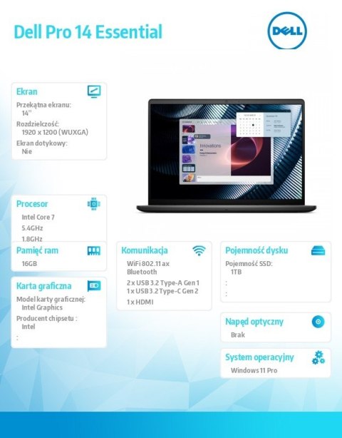 Laptop Dell Pro 14 Essential PV14250 W11P C7-150U 16GB 1TB Intel Graph FgrPr WLAN BT 14 0 FHD  BcklKb 4C 65W 3YPS Carbon Black (
