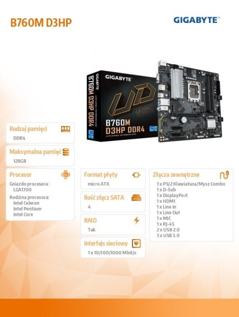 Płyta główna B760M D3HP DDR4 s1700 4DDR4 DSUB HDMI DP mATX