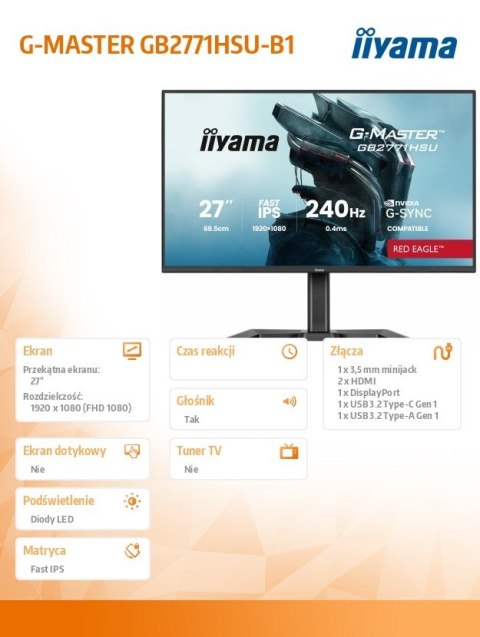 Monitor 27 cali GB2771HSU-B1 0.4ms,Fast IPS, HAS (150) PIVOT, 1xUSB 3.2, 1xUSB C, 240Hz, DP, 2xHDMI,Adaptive G-SYNC-1920x