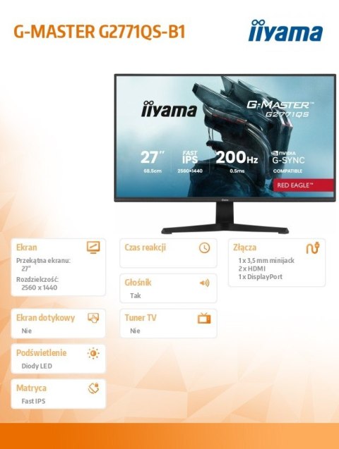 Monitor 27 cali G2771QS-B1 QHD Fast IPS DP 2xHDMI 200Hz  350cd Adaptive G-SYNC - 2560 x 1440 @48-200Hz DisplayPort On