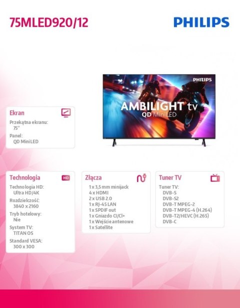 Telewizor QD MiniLED 75 cali 75MLED920 12 Philips