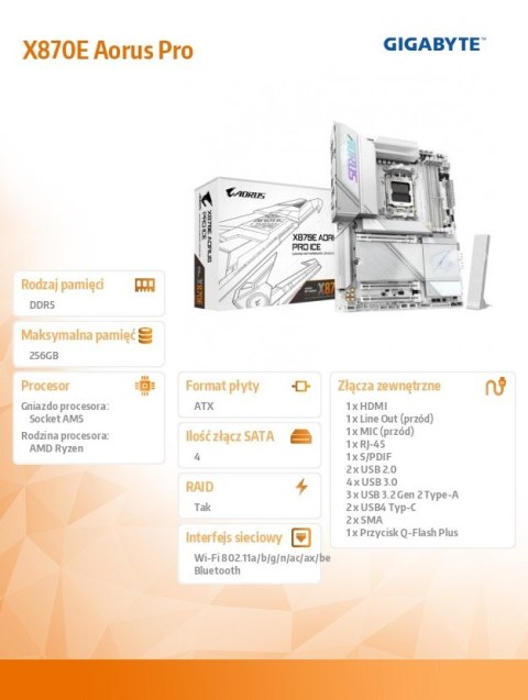 Płyta główna X870E AORUS PRO ICE AM5 4DDR5 HDMI USB-C ATX