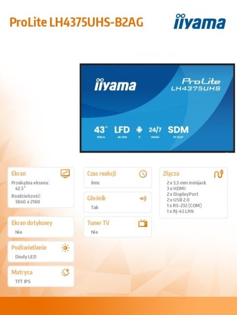 Monitor 43 cale LH4375UHS-B2AG,24 7,IPS,ANDROID.11,4K, WiFi, iiSignage2, FailOver, EShare, 24 7, full daisy chain