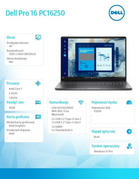 Laptop Dell Pro 16 PC16250 W11P C7 150U 16GB 512GB FgrPr FHD IR Cam&Mic WLAN+BT 16 0 FHD+ BcklKb 3C YPS3 Magnetite color  textur