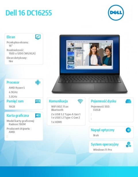 Laptop Dell 16 DC16255 W11P Ryzen 5 220 16GB 512GB AMD Radeon FgrPr WLAN BT 16 0 FHD  Backlit Kb 3C 65W 3YPS Carbon Black (Plast