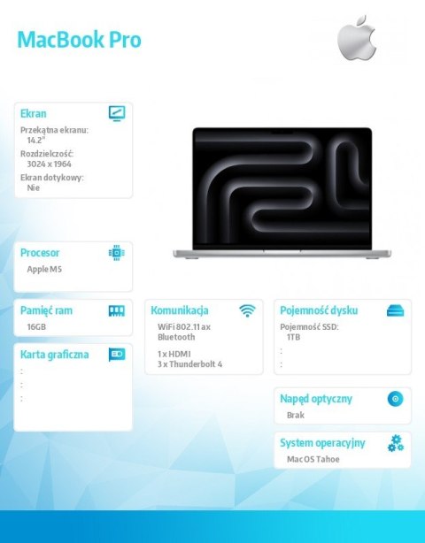 MacBook Pro 14.2 cala: M5 10C/10C, 16GB, 1TB SSD - Srebrny