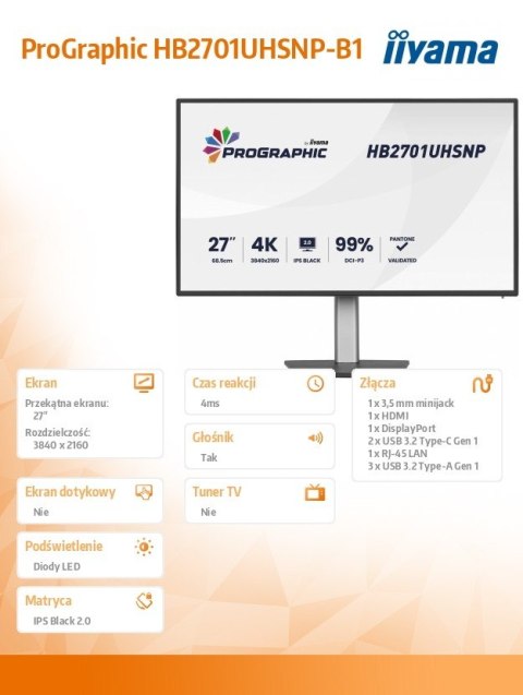 Monitor 27 cali ProGraphic HB2701UHSNP-B1 4K,IPS BLACK 2.0,450cd,VESA USB-c dock(PD:96W),HDMI,DP,DAISY CHAIN,4xUSB,RJ45,3000:1,s