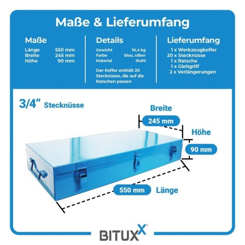 Zestaw kluczy nasadowych, nakrętek, grzechotek do samochodów ciężarowych, 19-70 mm, 25 elementów, BITUXX