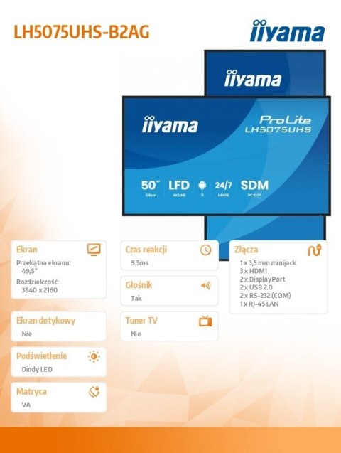 Monitor 50 cali LH5075UHS-B2AG 24 7VA ANDROID 4K