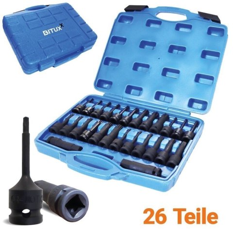 Bituxx 26 częściowy zestaw nasadek 1/2″   nasadki, bity Torx i wielozębate, profesjonalny komplet