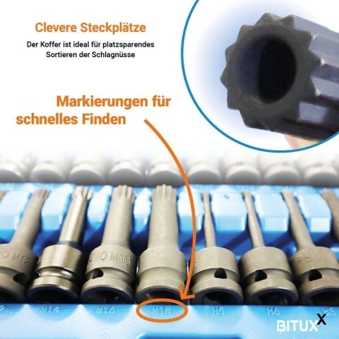 Bituxx 26 częściowy zestaw nasadek 1/2″   nasadki, bity Torx i wielozębate, profesjonalny komplet