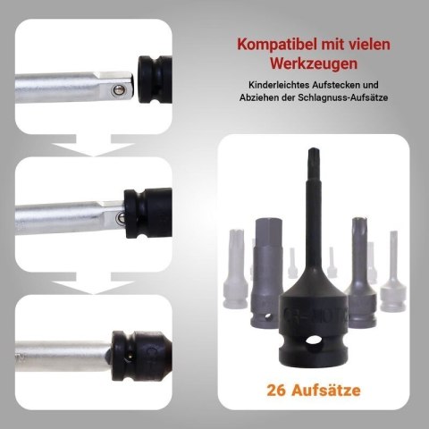 Bituxx 26 częściowy zestaw nasadek 1/2″   nasadki, bity Torx i wielozębate, profesjonalny komplet