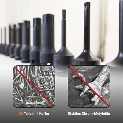 Bituxx 26 częściowy zestaw nasadek 1/2″   nasadki, bity Torx i wielozębate, profesjonalny komplet