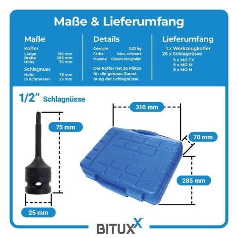 Bituxx 26 częściowy zestaw nasadek 1/2″   nasadki, bity Torx i wielozębate, profesjonalny komplet