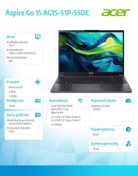 Notebook Aspire Go 15 AG15-51P-55DE i5-1334U 15.3 WUXGA  16GB  512GB SSD  NoOS