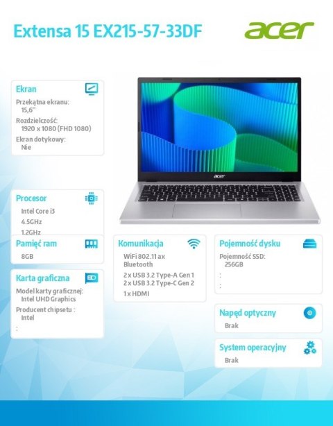 Notebook Extensa 15 EX215-57-33DF i3-1315U 15.6 FHD  8GB DDR5  256GB SSD  NoOS  srebrny