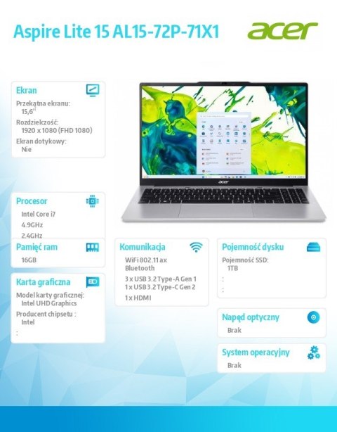 Notebook Aspire Lite 15 AL15-72P-71X1 i7-13620H  15.6  FHD IPS  16GB DDR5  1TB SSD  NoOS