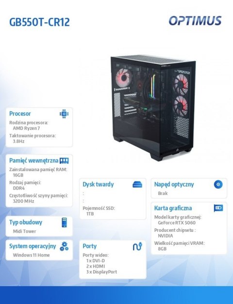 Komputer E-Sport GB550T-CR12 R7-5800X 16GB 1TB RTX 5060 OC 8GB W11