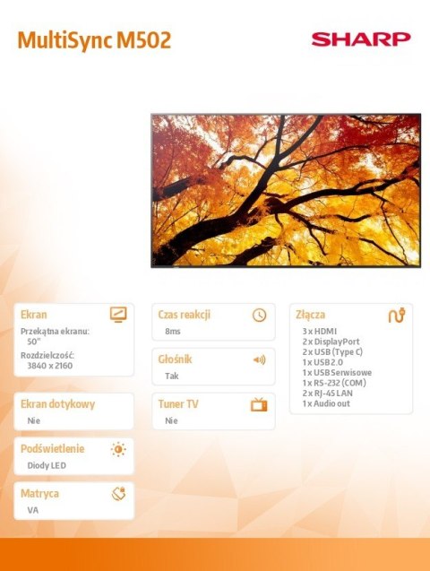 Monitor wielkoformatowy MultiSync M502 50 cali 550cd m2 24 7